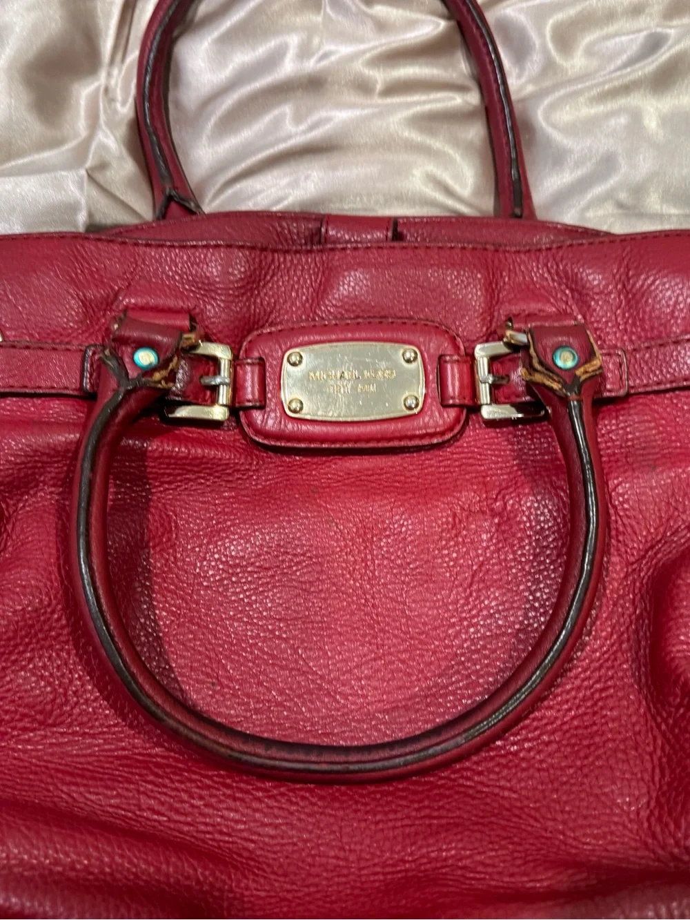 Michael Kors Hamilton Red Pebbled Leather Tote Satchel with Gold Plate